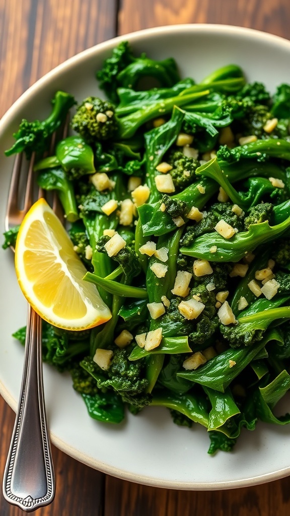 Sautéed kale with garlic and lemon on a rustic plate, garnished with lemon wedge.